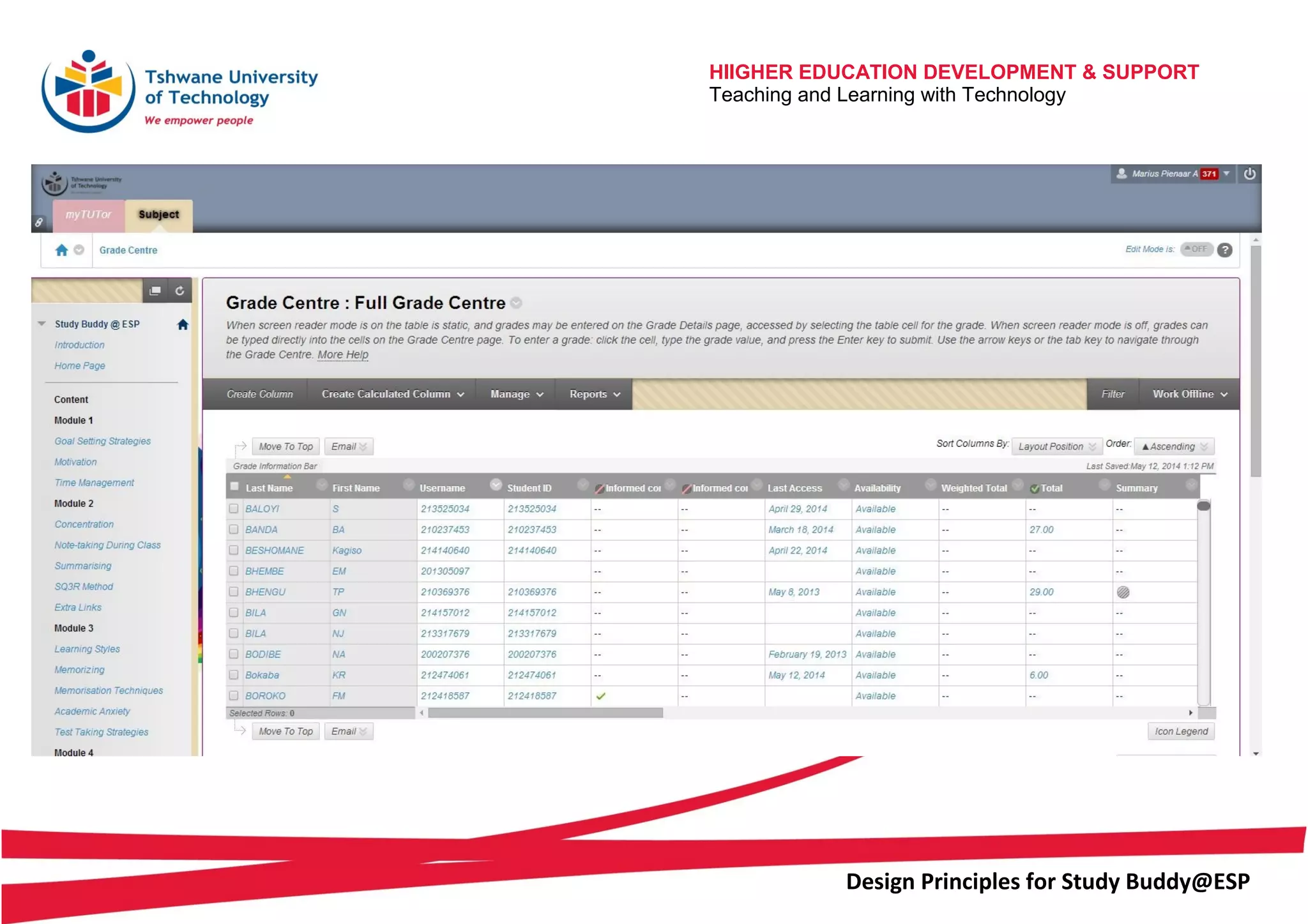 HIIGHER EDUCATION DEVELOPMENT & SUPPORT
Teaching and Learning with Technology
Design Principles for Study Buddy@ESP
 