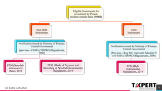 15
Eligible Instruments for
investment by Person
resident outside India (PROI)
Non-Debt
Instruments
Notification issued by Ministry of Finance,
Central Government
[previous - FEMA (TISPRO) Regulations,
2000]
FEM (Non-debt
instruments)
Rules, 2019
FEM (Mode of Payment and
Reporting of Non-Debt Instruments)
Regulations, 2019
Debt
Instruments
Notification issued by Ministry of Finance,
Central Government
[Previous - Reg 5(4) read with Schedule V
of FEMA (TISPRO) Regulations, 2000]
FEM (Debt
Instruments)
Regulations, 2019
CA. Sudha G. Bhushan
 