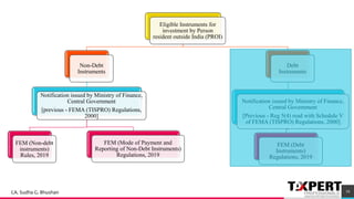 16
Eligible Instruments for
investment by Person
resident outside India (PROI)
Non-Debt
Instruments
Notification issued by Ministry of Finance,
Central Government
[previous - FEMA (TISPRO) Regulations,
2000]
FEM (Non-debt
instruments)
Rules, 2019
FEM (Mode of Payment and
Reporting of Non-Debt Instruments)
Regulations, 2019
Debt
Instruments
Notification issued by Ministry of Finance,
Central Government
[Previous - Reg 5(4) read with Schedule V
of FEMA (TISPRO) Regulations, 2000]
FEM (Debt
Instruments)
Regulations, 2019
CA. Sudha G. Bhushan
 