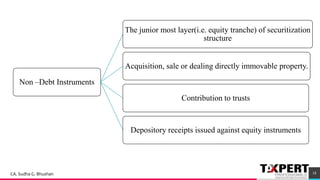 Non –Debt Instruments
The junior most layer(i.e. equity tranche) of securitization
structure
Acquisition, sale or dealing directly immovable property.
Contribution to trusts
Depository receipts issued against equity instruments
18CA. Sudha G. Bhushan
 