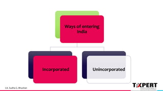 Ways of entering
India
Incorporated Unincorporated
CA. Sudha G. Bhushan
 