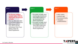 Rule 3
• No Person resident
outside India ( PROI)
shall make investment
in India
• Save as other provided
in the Rules/regulations
• RBI along with CG
may allow specific
investment even if not
falling under the
Rules/regulations
Rule 4
• No entity in India shall
receive any investment
from PROI otherwise
as mentioned in the
Rules/regulations
• No entity in India shall
record any investment
from PROI otherwise
as mentioned in the
Rules/regulations
Rule 5
• entry routes,
• sectoral caps
• Investment limits,
• Attendant
conditionalities
25CA. Sudha G. Bhushan
 