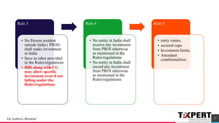 Rule 3
• No Person resident
outside India ( PROI)
shall make investment
in India
• Save as other provided
in the Rules/regulations
• RBI along with CG
may allow specific
investment even if not
falling under the
Rules/regulations
Rule 4
• No entity in India shall
receive any investment
from PROI otherwise
as mentioned in the
Rules/regulations
• No entity in India shall
record any investment
from PROI otherwise
as mentioned in the
Rules/regulations
Rule 5
• entry routes,
• sectoral caps
• Investment limits,
• Attendant
conditionalities
27CA. Sudha G. Bhushan
 