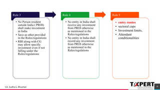Rule 3
• No Person resident
outside India ( PROI)
shall make investment
in India
• Save as other provided
in the Rules/regulations
• RBI along with CG
may allow specific
investment even if not
falling under the
Rules/regulations
Rule 4
• No entity in India shall
receive any investment
from PROI otherwise
as mentioned in the
Rules/regulations
• No entity in India shall
record any investment
from PROI otherwise
as mentioned in the
Rules/regulations
Rule 5
• entry routes
• sectoral caps
• Investment limits,
• Attendant
conditionalities
30CA. Sudha G. Bhushan
 