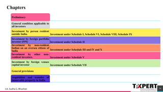 Preliminary
General condition applicable to
all investors
Investment under Schedule I, Schedule VI, Schedule VIII, Schedule IX
Investment by person resident
outside India.
Investment under Schedule II
Investment by foreign portfolio
investor (FPI)
Investment under Schedule III and IV and X
Investment by non-resident
Indian on an oversea citizen of
India
Investment under Schedule V
Investment by other non-
resident investors.
Investment under Schedule VII
Investment by foreign venues
capital investor
General provisions
Acquisition and transfer of
immovable property in India
Chapters
34CA. Sudha G. Bhushan
 