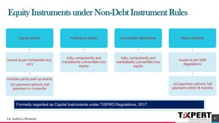 Equity Instruments under Non-Debt Instrument Rules
Equity shares
issued as per Companies Act,
2013
includes partly paid up shares
25% payment upfront, full
payment in 12 months
Preference shares
fully, compulsorily and
mandatorily convertible into
equity
Convertible debentures
fully, compulsorily and
mandatorily convertible into
equity
Share warrants
issued as per SEBI
Regulations
25% payment upfront, full
payment within 18 months
Formerly regarded as Capital Instruments under TISPRO Regulations, 2017
67CA. Sudha G. Bhushan
 