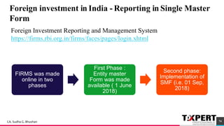 Foreign investment in India - Reporting in Single Master
Form
FIRMS was made
online in two
phases
First Phase :
Entity master
Form was made
available ( 1 June
2018)
Second phase:
Implementation of
SMF (i.e. 01 Sep,
2018)
92
Foreign Investment Reporting and Management System
https://firms.rbi.org.in/firms/faces/pages/login.xhtml
74CA. Sudha G. Bhushan
 