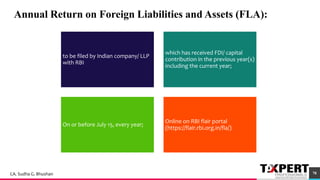 Annual Return on Foreign Liabilities and Assets (FLA):
95
to be filed by Indian company/ LLP
with RBI
which has received FDI/ capital
contribution in the previous year(s)
including the current year;
On or before July 15, every year;
Online on RBI flair portal
(https://flair.rbi.org.in/fla/)
78CA. Sudha G. Bhushan
 