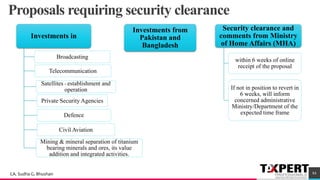 84
Proposals requiring security clearance
Investments in
Broadcasting
Telecommunication
Satellites - establishment and
operation
Private Security Agencies
Defence
Civil Aviation
Mining & mineral separation of titanium
bearing minerals and ores, its value
addition and integrated activities.
Investments from
Pakistan and
Bangladesh
Security clearance and
comments from Ministry
of Home Affairs (MHA)
within 6 weeks of online
receipt of the proposal
If not in position to revert in
6 weeks, will inform
concerned administrative
Ministry/Department of the
expected time frame
CA. Sudha G. Bhushan
 