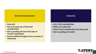 73
95
Deferred Consideration
• Rule 9(6)
• Not to exceed 25% of the total
consideration
• Not exceeding 18% from the date of
transfer agreement
• Can be settled through escrow account or
Indemnity
Indemnity
• 25% of the consideration
• Seller can indemnify
• Only if total consideration has been paid
• Not exceeding 18 months
CA. Sudha G. Bhushan
 