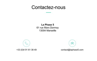 Contactez-nous
+33 (0)4 91 61 38 49 contact@laphase5.com
La Phase 5
61 rue Marx Dormoy
13004 Marseille
 
