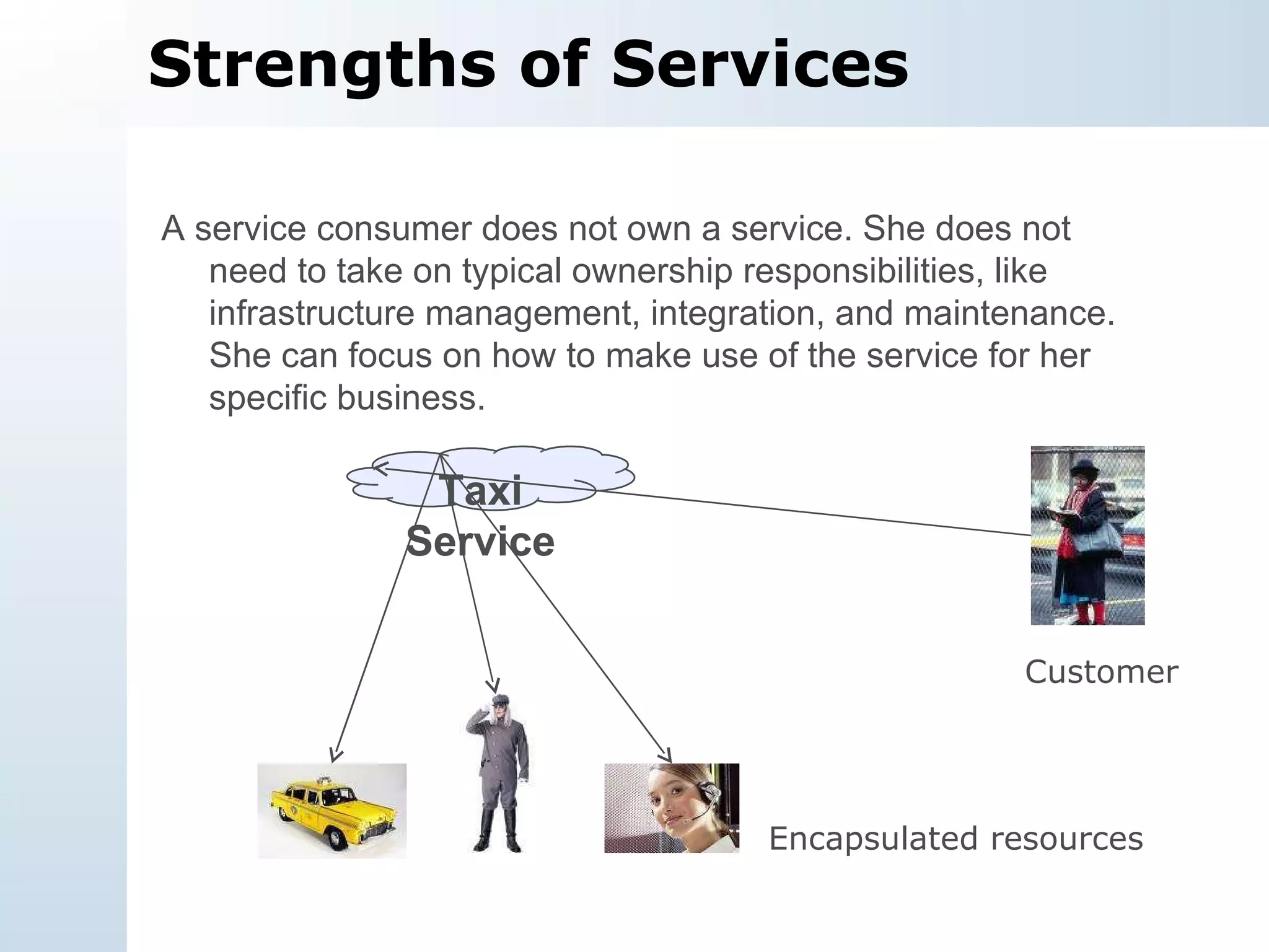 Strengths of Services A service consumer does not own a service. She does not need to take on typical ownership responsibilities, like infrastructure management, integration, and maintenance. She can focus on how to make use of the service for her specific business. Taxi Service Customer Encapsulated resources 