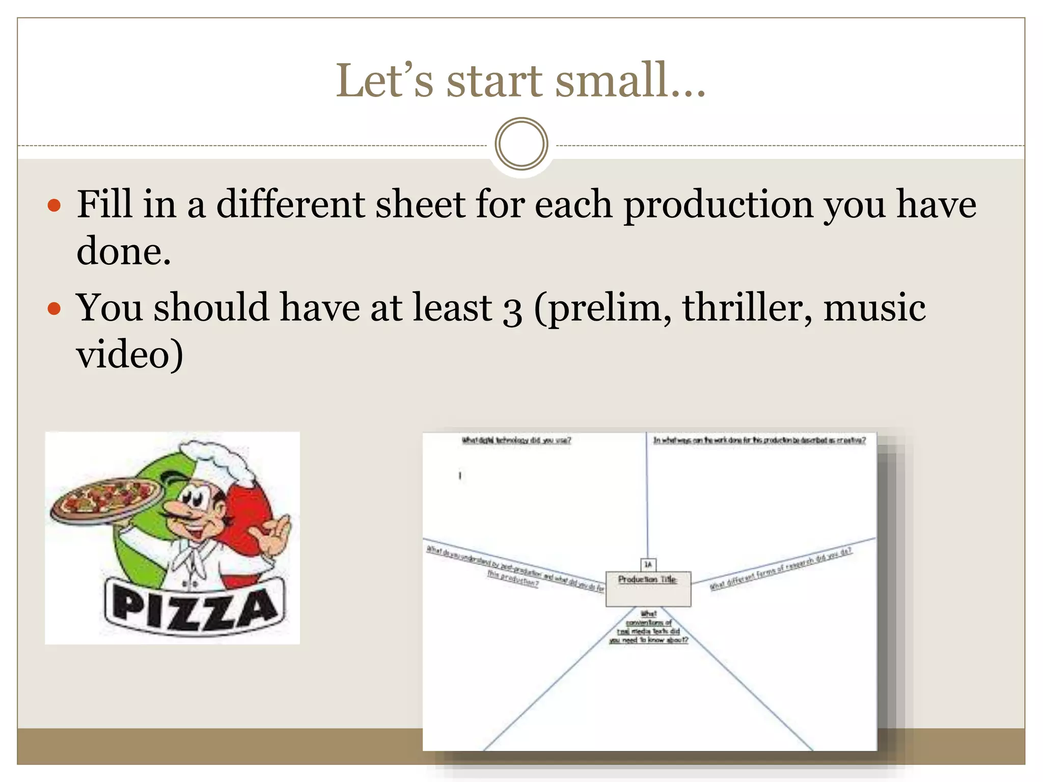 Let’s start small…
 Fill in a different sheet for each production you have
done.
 You should have at least 3 (prelim, thriller, music
video)
 