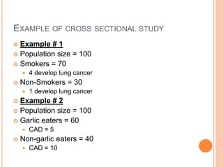 EXAMPLE OF CROSS SECTIONAL STUDY
 Example # 1
 Population size = 100
 Smokers = 70
 4 develop lung cancer
 Non-Smokers = 30
 1 develop lung cancer
 Example # 2
 Population size = 100
 Garlic eaters = 60
 CAD = 5
 Non-garlic eaters = 40
 CAD = 10
 