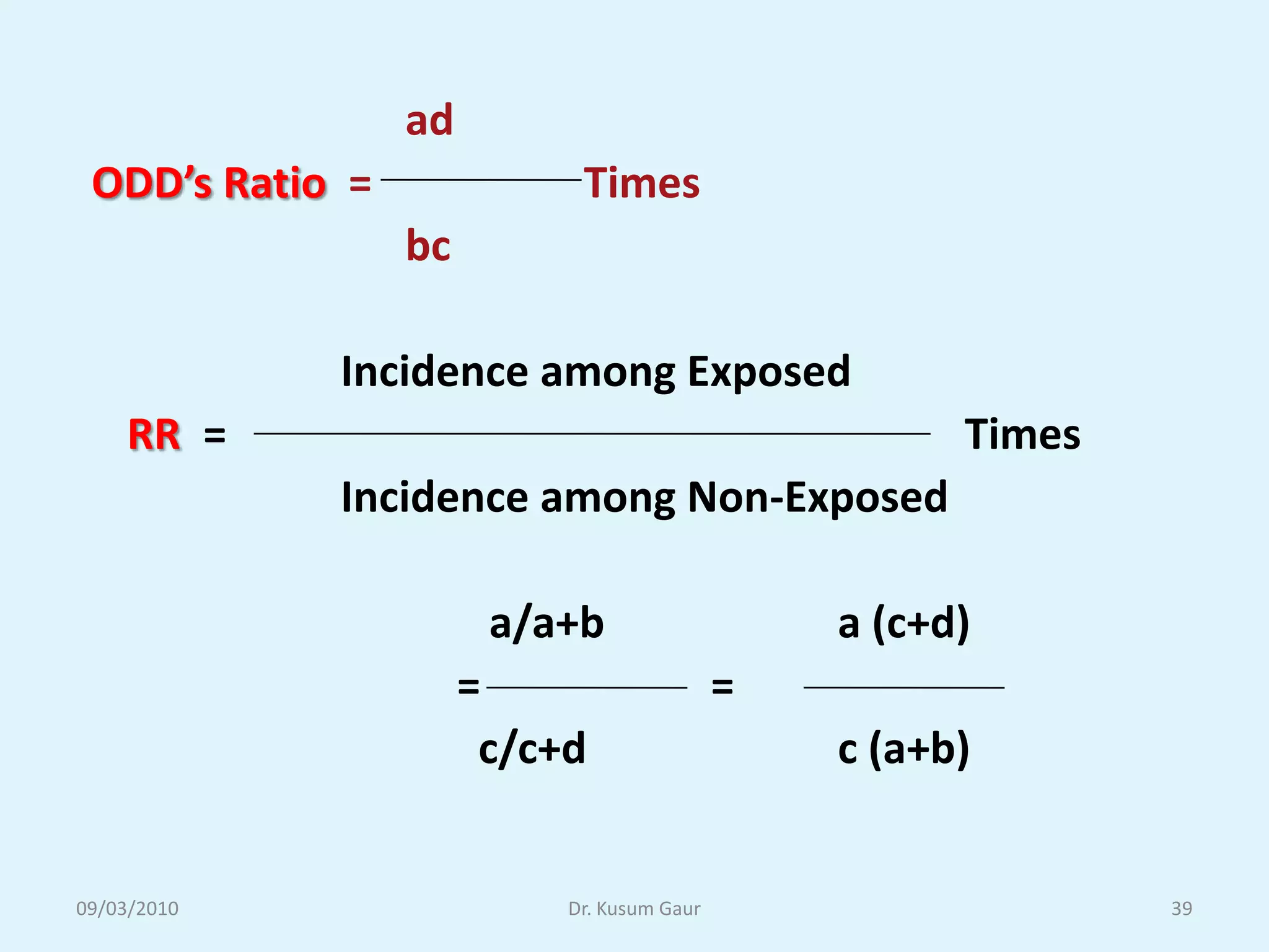 ad
 ODD’s Ratio =              Times
                 bc

             Incidence among Exposed
    RR =                                              Times
             Incidence among Non-Exposed

                       a/a+b                    a (c+d)
                      =                     =
                       c/c+d                    c (a+b)


09/03/2010                 Dr. Kusum Gaur                     39
 