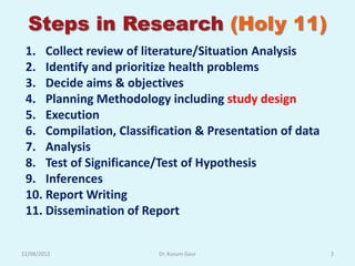 Steps in Research (Holy 11)
 1. Collect review of literature/Situation Analysis
 2. Identify and prioritize health problems
 3. Decide aims & objectives
 4. Planning Methodology including study design
 5. Execution
 6. Compilation, Classification & Presentation of data
 7. Analysis
 8. Test of Significance/Test of Hypothesis
 9. Inferences
 10. Report Writing
 11. Dissemination of Report


12/08/2012               Dr. Kusum Gaur                  3
 