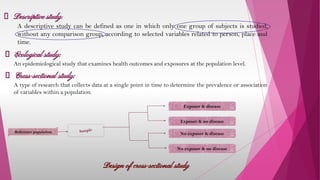 Descriptive study:
A descriptive study can be defined as one in which only one group of subjects is studied,
without any comparison group, according to selected variables related to person, place and
time.
Cross-sectional study:
Ecological study:
An epidemiological study that examines health outcomes and exposures at the population level.
A type of research that collects data at a single point in time to determine the prevalence or association
of variables within a population.
Reference population
Design of cross-sectional study
Sample
Exposer & disease
Exposer & no disease
No exposer & disease
No exposer & no disease
 