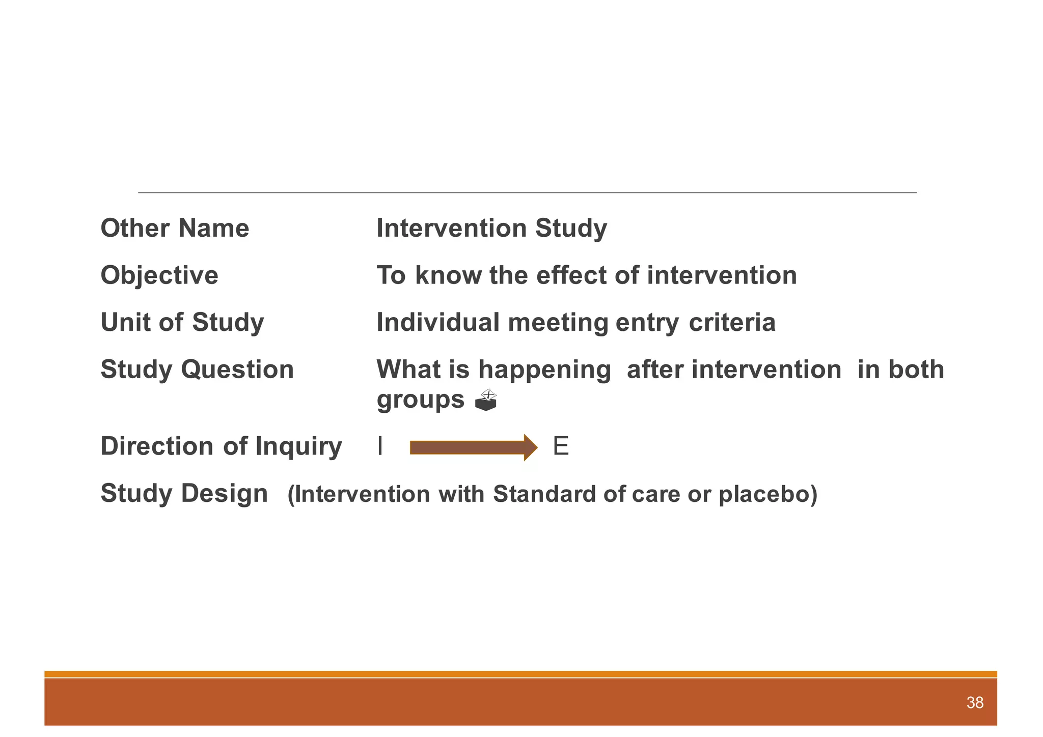 Other Name Intervention Study
Objective To know the effect of intervention
Unit of Study Individual meeting entry criteria
Study Question What is happening after intervention in both
groups ?
Direction of Inquiry I E
Study Design (Intervention with Standard of care or placebo)
38
 