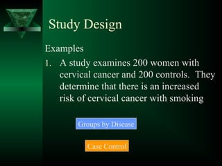 Study Design
Examples
1. A study examines 200 women with
cervical cancer and 200 controls. They
determine that there is an increased
risk of cervical cancer with smoking
Groups by Disease
Case Control
 