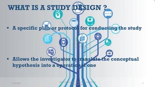WHAT IS A STUDY DESIGN ?
11/1/2022
www.clinosol.com | follow us on social media
@clinosolresearch
3
▪ A specific plan or protocol for conducting the study
▪ Allows the investigator to translate the conceptual
hypothesis into a operational one
 