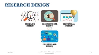 RESEARCH DESIGN
11/1/2022
www.clinosol.com | follow us on social media
@clinosolresearch
4
SAMPLING
DESIGN
OBSERVATIONAL
DESIGN
STATISTICAL
DESIGN
OPERATIONAL
DESIGN
 