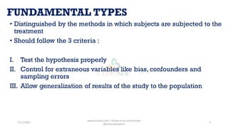 FUNDAMENTAL TYPES
• Distinguished by the methods in which subjects are subjected to the
treatment
• Should follow the 3 criteria :
I. Test the hypothesis properly
II. Control for extraneous variables like bias, confounders and
sampling errors
III. Allow generalization of results of the study to the population
11/1/2022
www.clinosol.com | follow us on social media
@clinosolresearch
5
 