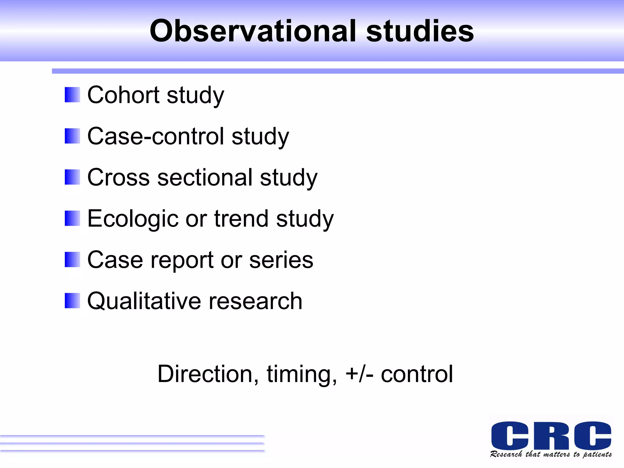 Observational studies Cohort study  Case-control study Cross sectional study Ecologic or trend study  Case report or series  Qualitative research Direction, timing, +/- control 