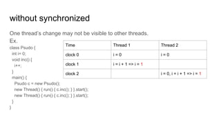 without synchronized
One thread’s change may not be visible to other threads.
Ex.
class Psudo {
int i= 0;
void inc() {
i++;
}
main() {
Psudo c = new Psudo();
new Thread() { run() { c.inc(); } }.start();
new Thread() { run() { c.inc(); } }.start();
}
}
Time Thread 1 Thread 2
clock 0 i = 0 i = 0
clock 1 i = i + 1 => i = 1
clock 2 i = 0, i = i + 1 => i = 1
 
