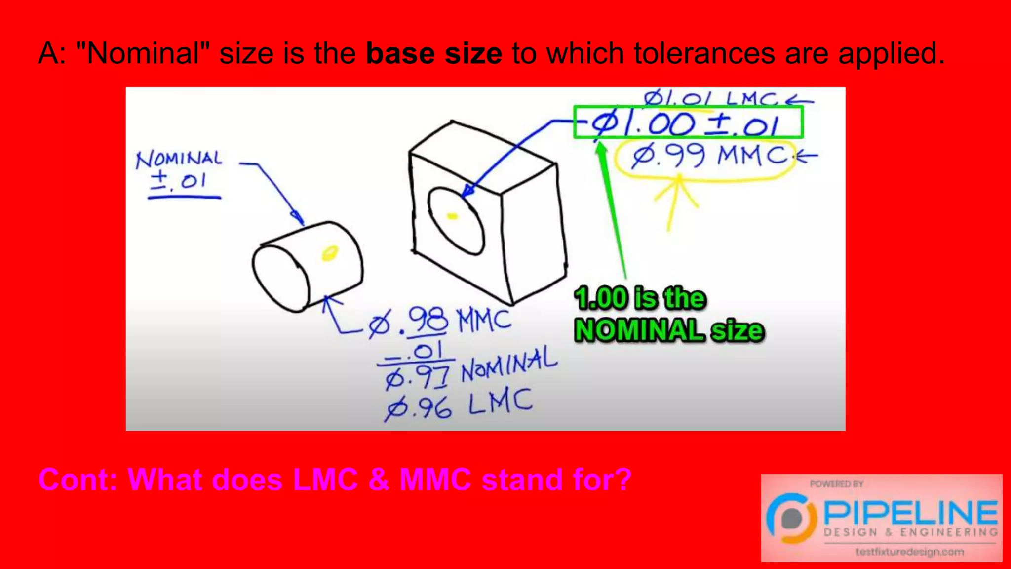 A: "Nominal" size is the base size to which tolerances are applied.
Cont: What does LMC & MMC stand for?
 