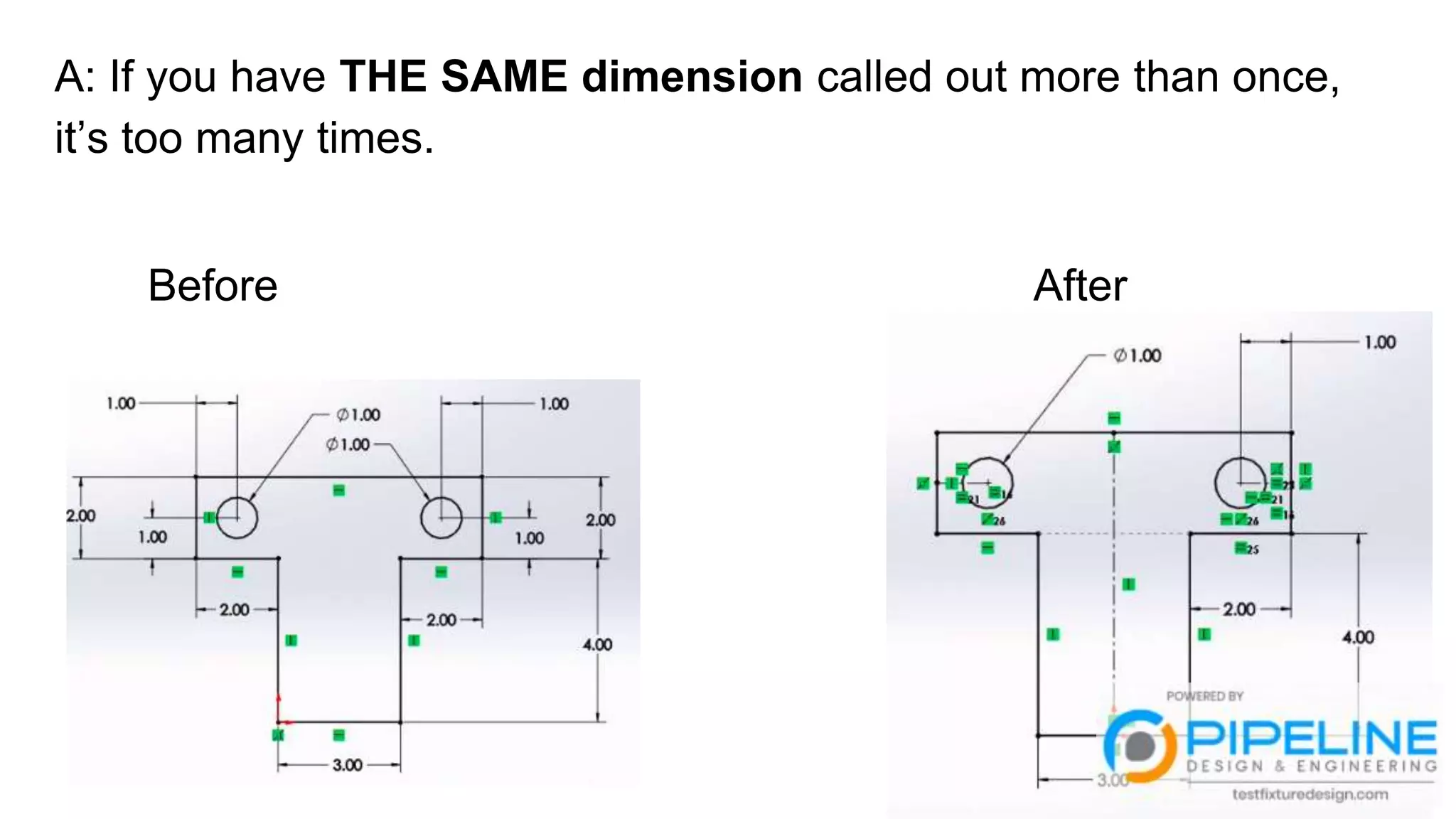 A: If you have THE SAME dimension called out more than once,
it’s too many times.
Before After
 