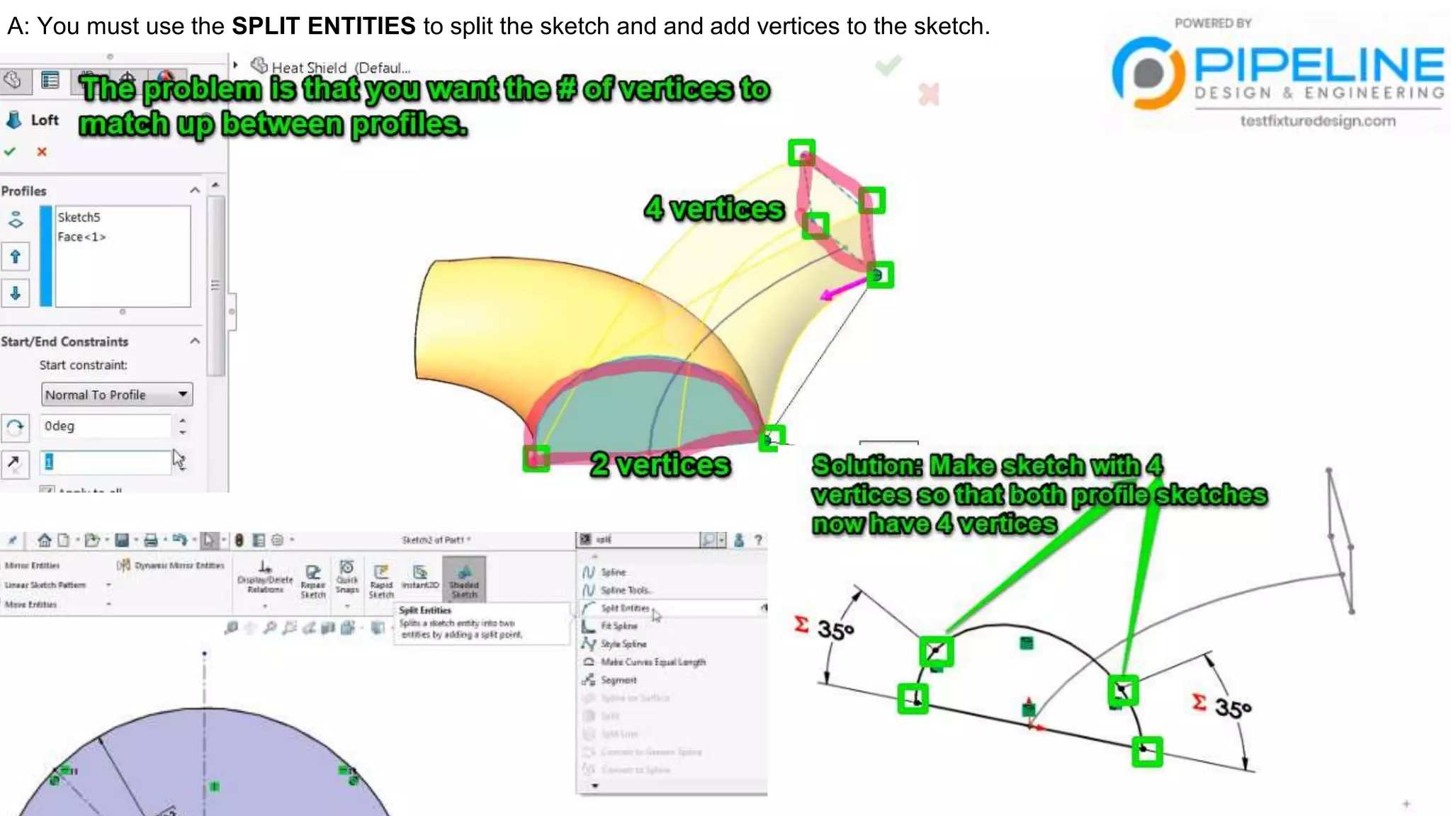 A: You must use the SPLIT ENTITIES to split the sketch and and add vertices to the sketch.
 