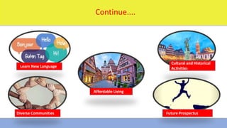 1/16/2024 4
Continue....
Learn New Language
Diverse Communities
Cultural and Historical
Activities
Future Prospectus
Affordable Living
 