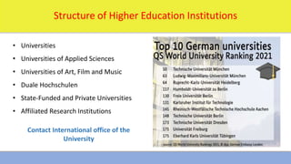 1/16/2024 5
Structure of Higher Education Institutions
• Universities
• Universities of Applied Sciences
• Universities of Art, Film and Music
• Duale Hochschulen
• State-Funded and Private Universities
• Affiliated Research Institutions
Contact International office of the
University
 