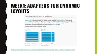 WEEK1: ADAPTERS FOR DYNAMIC
LAYOUTS
http://developer.android.com/guide/topics/ui/declaring-layout.html#AdapterViews
 