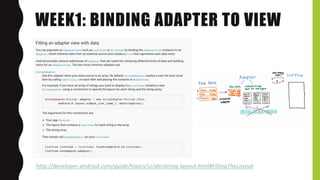 WEEK1: BINDING ADAPTER TO VIEW
http://developer.android.com/guide/topics/ui/declaring-layout.html#FillingTheLayout
 