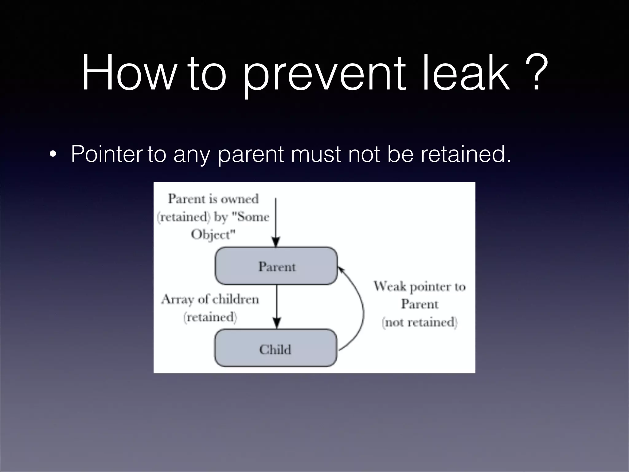 How to prevent leak ?
• Pointer to any parent must not be retained.
 