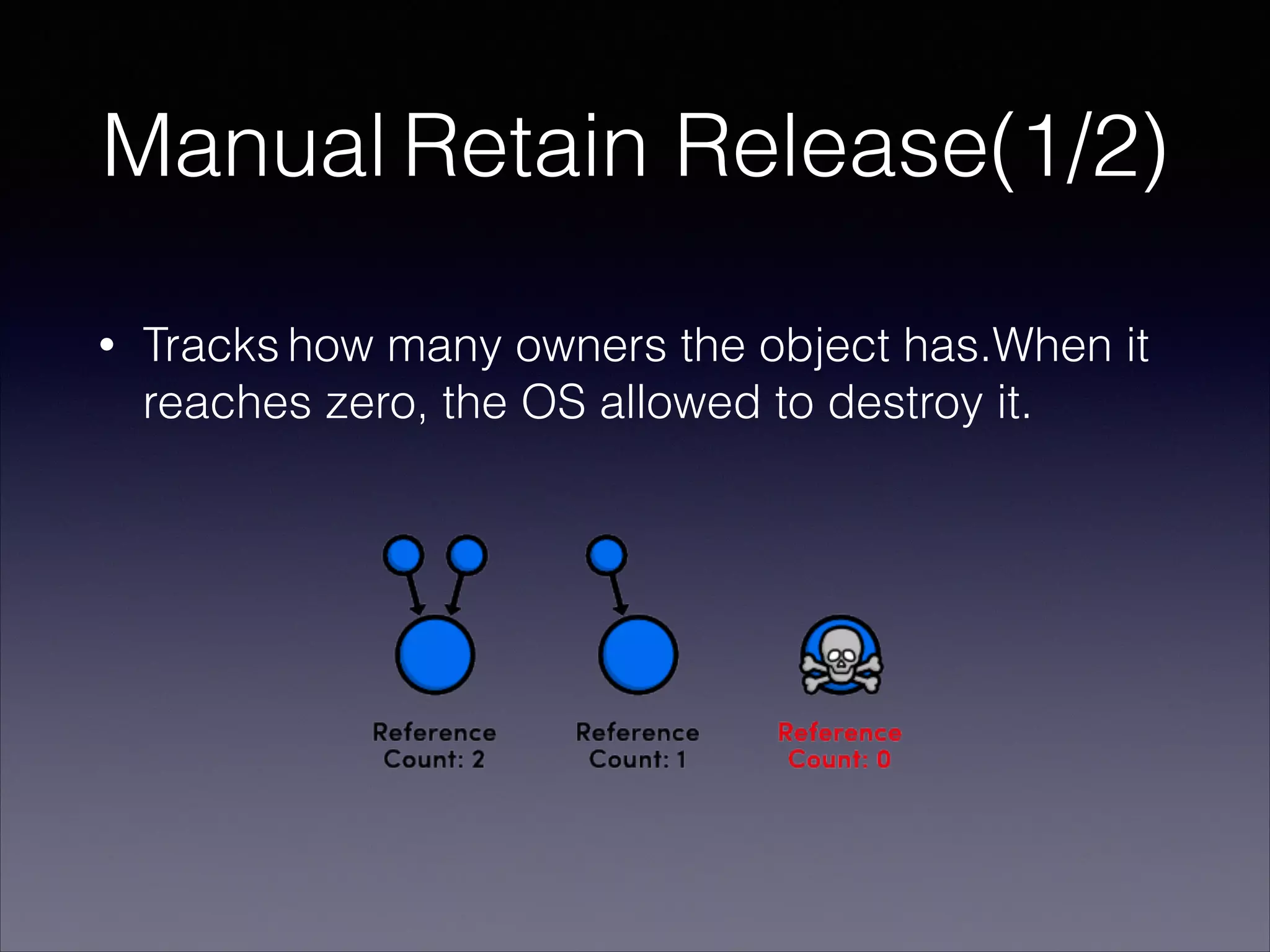 Manual Retain Release(1/2)
• Tracks how many owners the object has.When it
reaches zero, the OS allowed to destroy it.
 