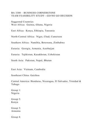 BA 3300 – BUSINESS CORNERSTONE
TEAM FEASIBILITY STUDY—GO/NO GO DECISION
Suggested Countries
West Africa: Guinea, Ghana, Nigeria
East Africa: Kenya, Ethiopia, Tanzania
North-Central Africa: Niger, Chad, Cameroon
Southern Africa: Namibia, Botswana, Zimbabwe
Eurasia: Georgia, Armenia, Azerbaijan
Eurasia: Tajikistan, Kazakhstan, Uzbekistan
South Asia: Pakistan, Nepal, Bhutan
East Asia: Vietnam, Cambodia
Southeast China: Guizhou
Central America: Honduras, Nicaragua, El Salvador, Trinidad &
Tobago
Group 1:
Nigeria
Group 2:
Kenya
Group 3:
Armenia
Group 4:
 