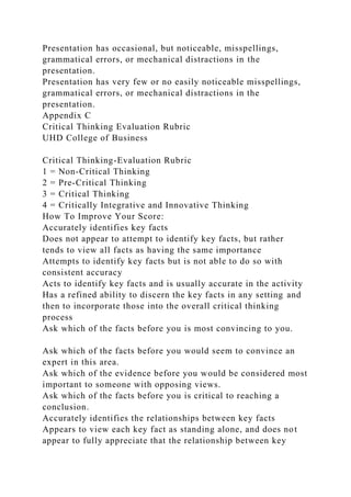 Presentation has occasional, but noticeable, misspellings,
grammatical errors, or mechanical distractions in the
presentation.
Presentation has very few or no easily noticeable misspellings,
grammatical errors, or mechanical distractions in the
presentation.
Appendix C
Critical Thinking Evaluation Rubric
UHD College of Business
Critical Thinking-Evaluation Rubric
1 = Non-Critical Thinking
2 = Pre-Critical Thinking
3 = Critical Thinking
4 = Critically Integrative and Innovative Thinking
How To Improve Your Score:
Accurately identifies key facts
Does not appear to attempt to identify key facts, but rather
tends to view all facts as having the same importance
Attempts to identify key facts but is not able to do so with
consistent accuracy
Acts to identify key facts and is usually accurate in the activity
Has a refined ability to discern the key facts in any setting and
then to incorporate those into the overall critical thinking
process
Ask which of the facts before you is most convincing to you.
Ask which of the facts before you would seem to convince an
expert in this area.
Ask which of the evidence before you would be considered most
important to someone with opposing views.
Ask which of the facts before you is critical to reaching a
conclusion.
Accurately identifies the relationships between key facts
Appears to view each key fact as standing alone, and does not
appear to fully appreciate that the relationship between key
 