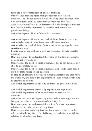 facts are a key component of critical thinking
Understands that the relationships between key facts is
important, but is not accurate in identifying those relationships
Can accurately point to relationships between key facts
Accurately identifies and understands that the interplay between
key facts is vitally important to creative and innovative
problem-solving
Ask what happens if all of these facts are true.
Ask what happens if one or several of these facts are not true.
Ask whether any of these facts contradict one another.
Ask whether several of these facts seem to merge together in a
convincing way.
Limits arguments to those which are important to this specific
question
Does not appear to understand the value of limiting arguments,
or does not try to do so
Understands the need to limit arguments, but is not consistently
able to accurately do so
Understands the need to limit arguments and limits them based
on their importance to the question
Is able to understand holistically which arguments are critical to
the question, and limits the arguments to those which contribute
to creative solutions
Ask which arguments do little to address the question at hand.
Ask which arguments essentially repeat other arguments.
Ask which arguments must be addressed to resolve this
question.
Ask what the three strongest arguments when used together are.
Weighs the relative importance of each key fact
Does not appear to understand that a key fact has importance
relative to the other available key facts
Understands that each key fact has importance relative to the
other available key facts, but fails to give each fact a weighting
relative to all other key facts
 