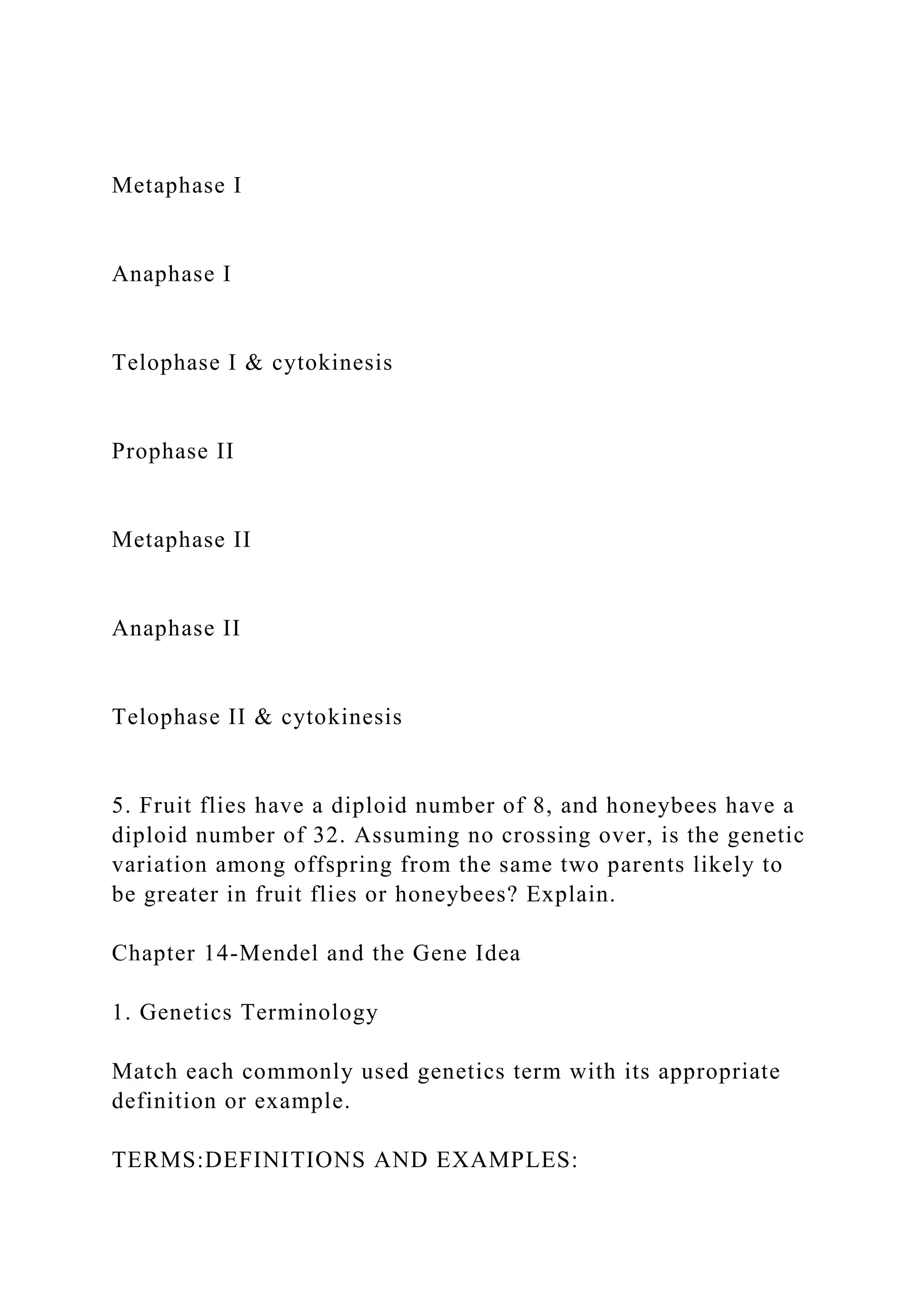 Metaphase I
Anaphase I
Telophase I & cytokinesis
Prophase II
Metaphase II
Anaphase II
Telophase II & cytokinesis
5. Fruit flies have a diploid number of 8, and honeybees have a
diploid number of 32. Assuming no crossing over, is the genetic
variation among offspring from the same two parents likely to
be greater in fruit flies or honeybees? Explain.
Chapter 14-Mendel and the Gene Idea
1. Genetics Terminology
Match each commonly used genetics term with its appropriate
definition or example.
TERMS:DEFINITIONS AND EXAMPLES:
 