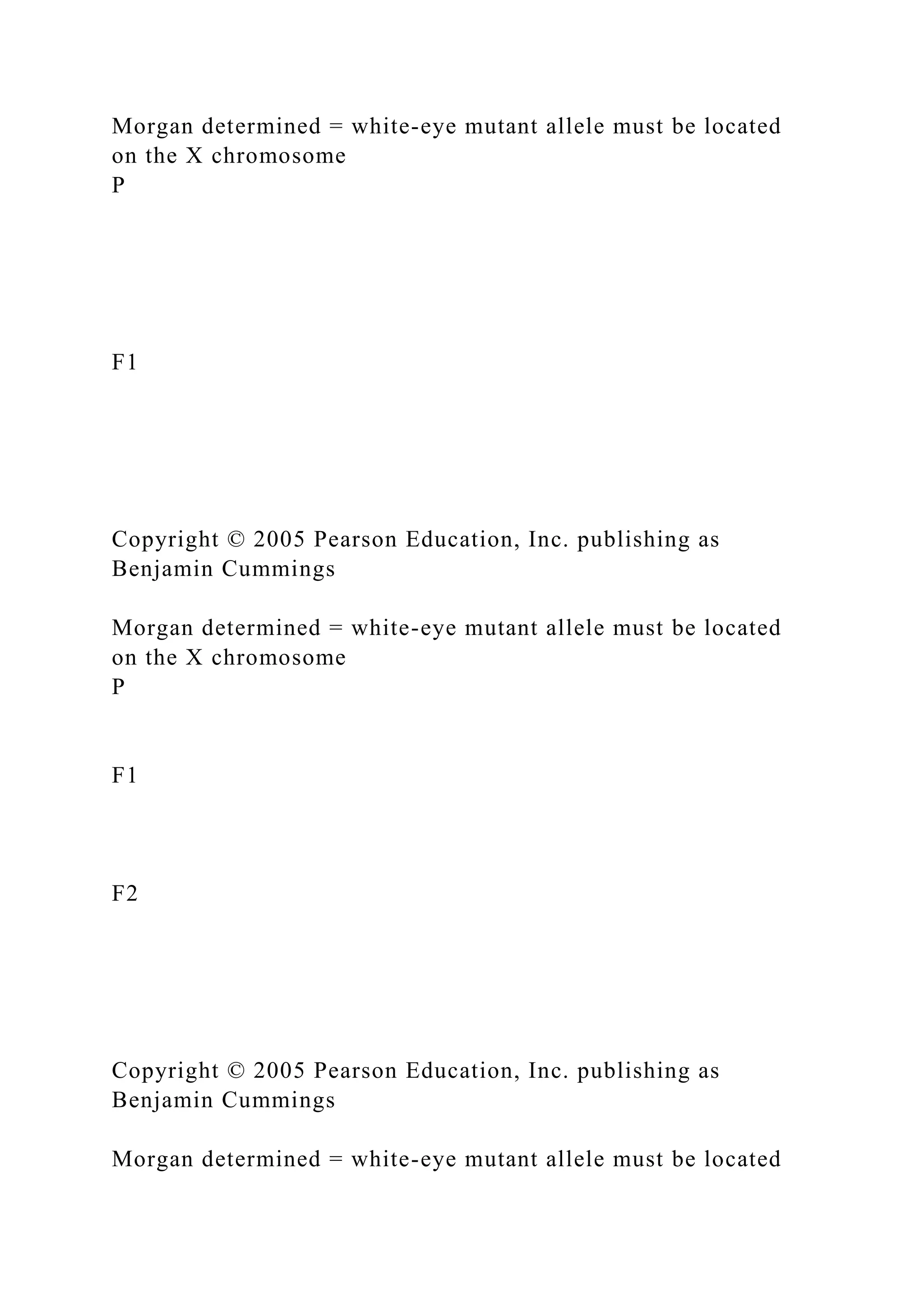 Morgan determined = white-eye mutant allele must be located
on the X chromosome
P
F1
Copyright © 2005 Pearson Education, Inc. publishing as
Benjamin Cummings
Morgan determined = white-eye mutant allele must be located
on the X chromosome
P
F1
F2
Copyright © 2005 Pearson Education, Inc. publishing as
Benjamin Cummings
Morgan determined = white-eye mutant allele must be located
 