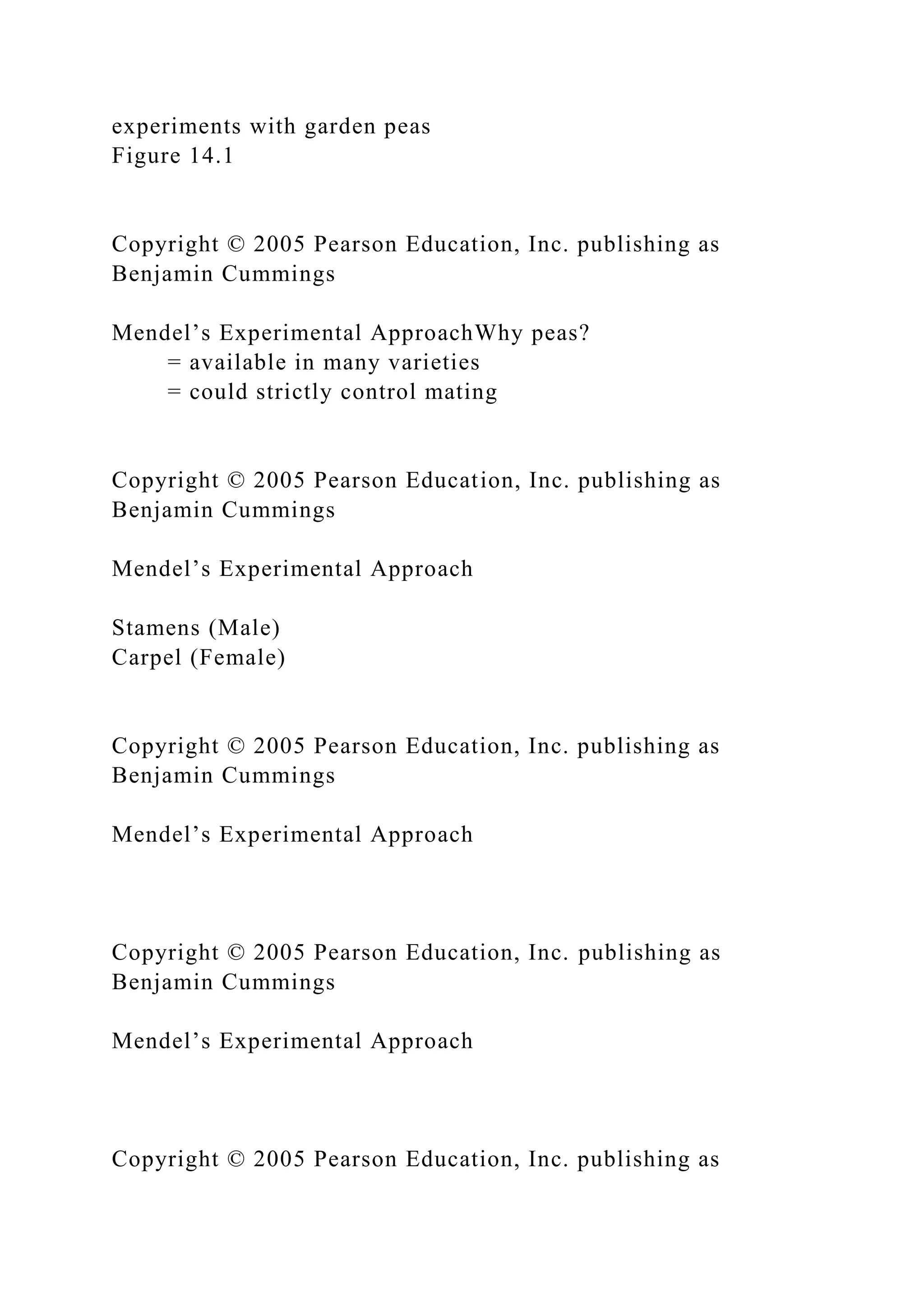 experiments with garden peas
Figure 14.1
Copyright © 2005 Pearson Education, Inc. publishing as
Benjamin Cummings
Mendel’s Experimental ApproachWhy peas?
= available in many varieties
= could strictly control mating
Copyright © 2005 Pearson Education, Inc. publishing as
Benjamin Cummings
Mendel’s Experimental Approach
Stamens (Male)
Carpel (Female)
Copyright © 2005 Pearson Education, Inc. publishing as
Benjamin Cummings
Mendel’s Experimental Approach
Copyright © 2005 Pearson Education, Inc. publishing as
Benjamin Cummings
Mendel’s Experimental Approach
Copyright © 2005 Pearson Education, Inc. publishing as
 