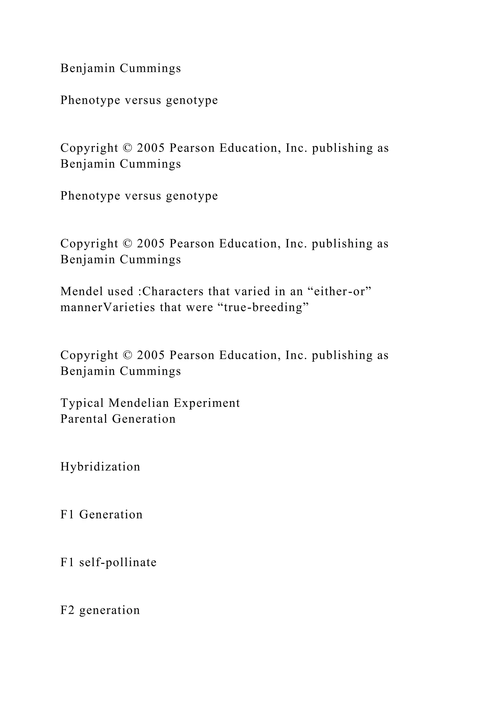 Benjamin Cummings
Phenotype versus genotype
Copyright © 2005 Pearson Education, Inc. publishing as
Benjamin Cummings
Phenotype versus genotype
Copyright © 2005 Pearson Education, Inc. publishing as
Benjamin Cummings
Mendel used :Characters that varied in an “either-or”
mannerVarieties that were “true-breeding”
Copyright © 2005 Pearson Education, Inc. publishing as
Benjamin Cummings
Typical Mendelian Experiment
Parental Generation
Hybridization
F1 Generation
F1 self-pollinate
F2 generation
 