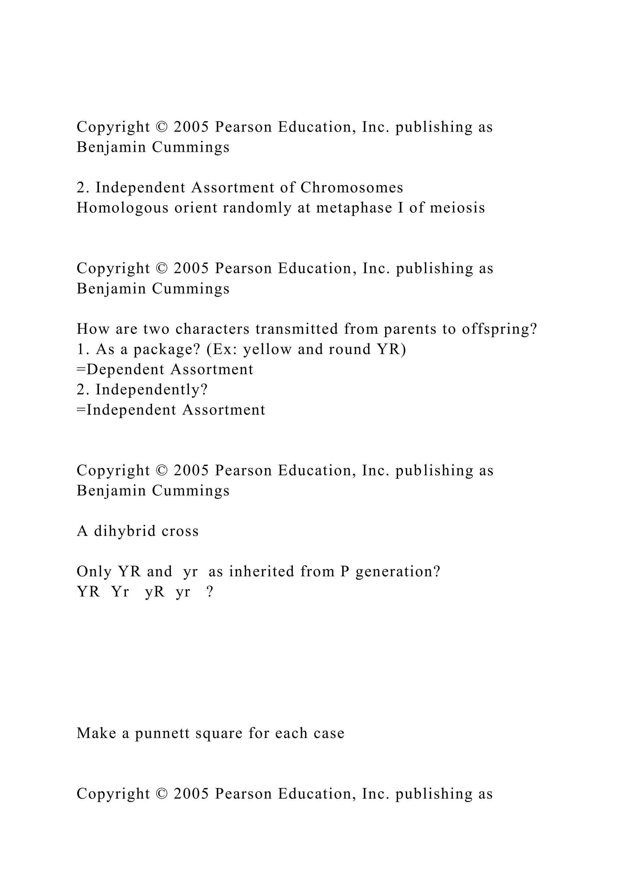 Copyright © 2005 Pearson Education, Inc. publishing as
Benjamin Cummings
2. Independent Assortment of Chromosomes
Homologous orient randomly at metaphase I of meiosis
Copyright © 2005 Pearson Education, Inc. publishing as
Benjamin Cummings
How are two characters transmitted from parents to offspring?
1. As a package? (Ex: yellow and round YR)
=Dependent Assortment
2. Independently?
=Independent Assortment
Copyright © 2005 Pearson Education, Inc. publishing as
Benjamin Cummings
A dihybrid cross
Only YR and yr as inherited from P generation?
YR Yr yR yr ?
Make a punnett square for each case
Copyright © 2005 Pearson Education, Inc. publishing as
 