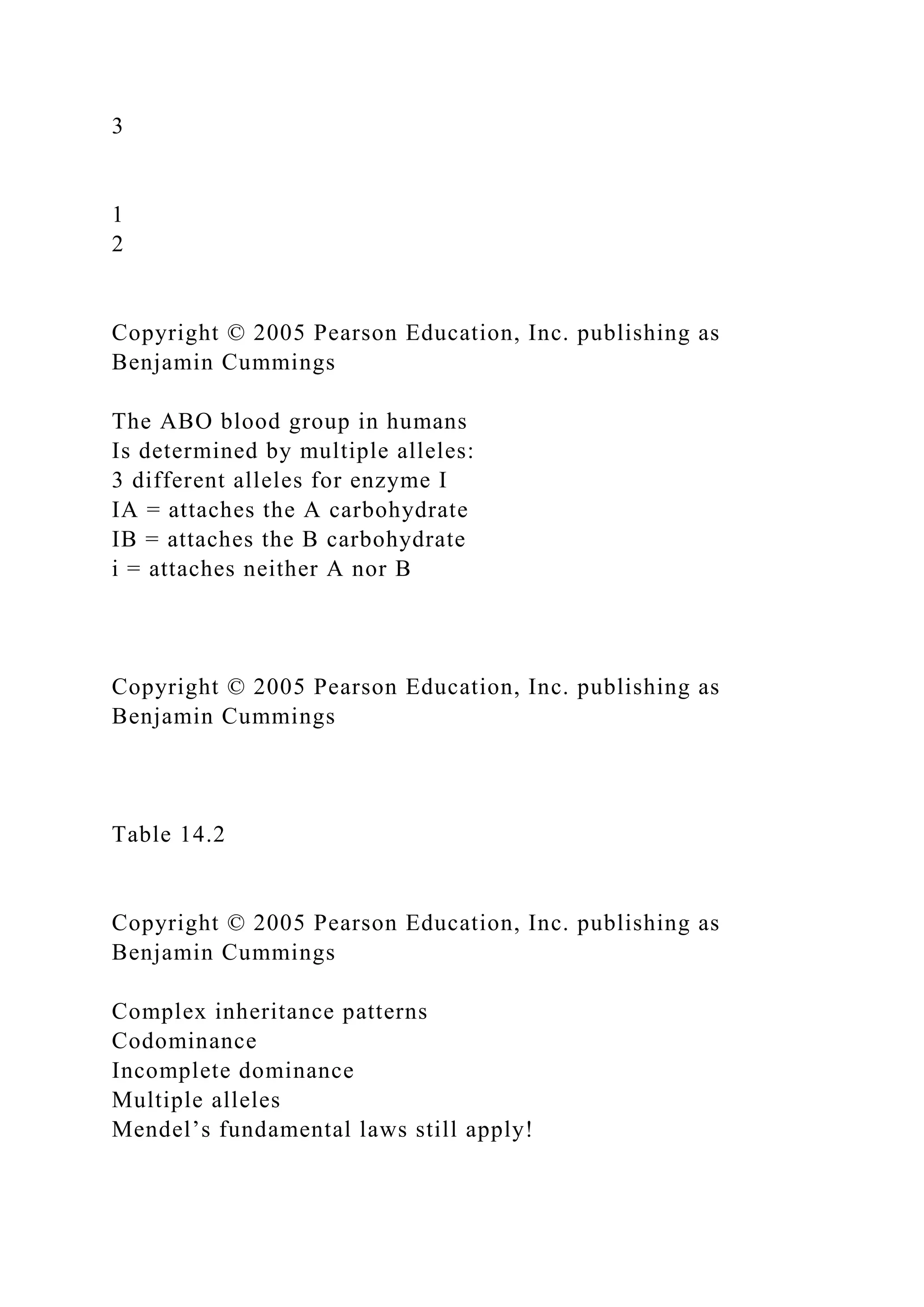 3
1
2
Copyright © 2005 Pearson Education, Inc. publishing as
Benjamin Cummings
The ABO blood group in humans
Is determined by multiple alleles:
3 different alleles for enzyme I
IA = attaches the A carbohydrate
IB = attaches the B carbohydrate
i = attaches neither A nor B
Copyright © 2005 Pearson Education, Inc. publishing as
Benjamin Cummings
Table 14.2
Copyright © 2005 Pearson Education, Inc. publishing as
Benjamin Cummings
Complex inheritance patterns
Codominance
Incomplete dominance
Multiple alleles
Mendel’s fundamental laws still apply!
 