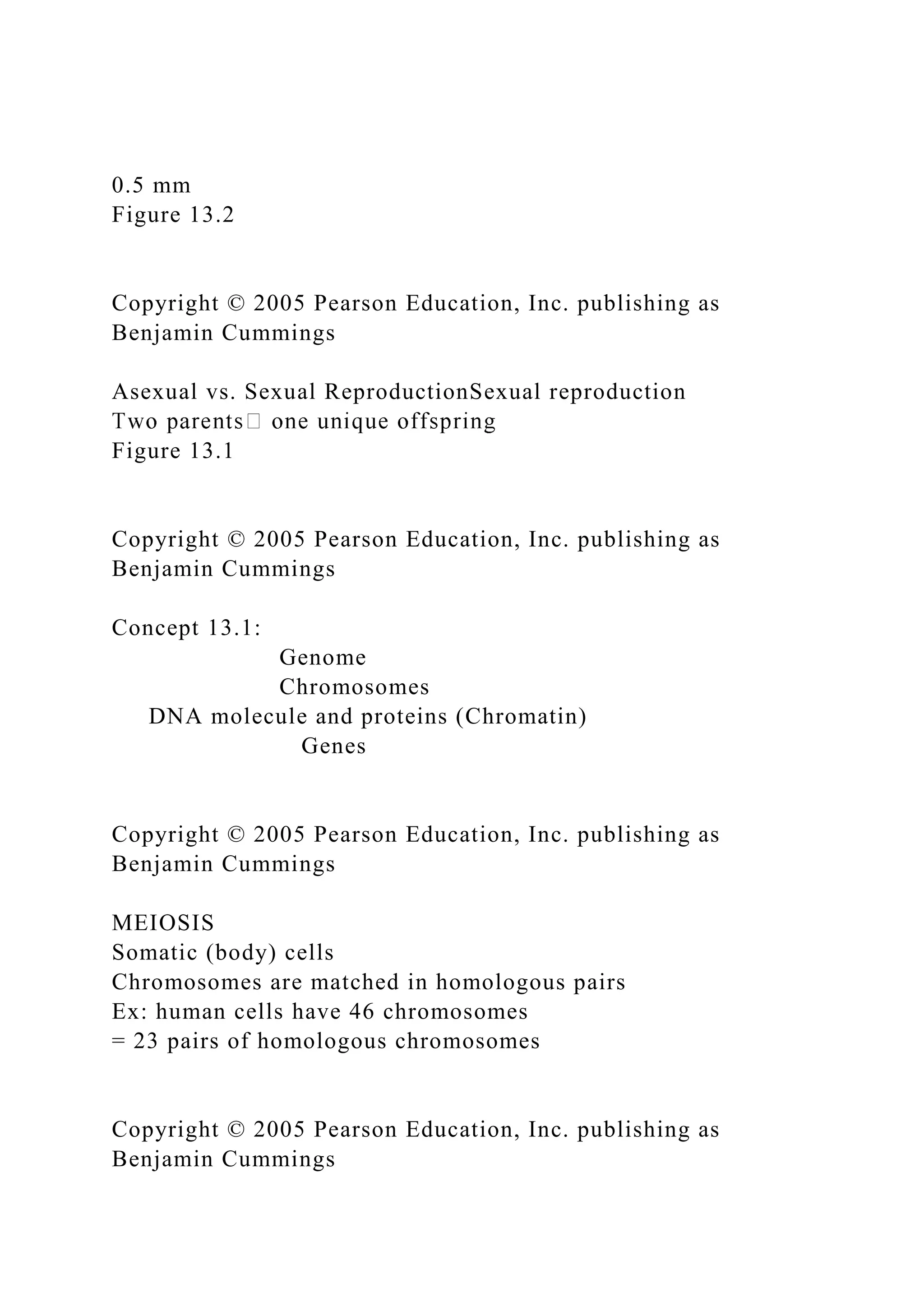 0.5 mm
Figure 13.2
Copyright © 2005 Pearson Education, Inc. publishing as
Benjamin Cummings
Asexual vs. Sexual ReproductionSexual reproduction
Figure 13.1
Copyright © 2005 Pearson Education, Inc. publishing as
Benjamin Cummings
Concept 13.1:
Genome
Chromosomes
DNA molecule and proteins (Chromatin)
Genes
Copyright © 2005 Pearson Education, Inc. publishing as
Benjamin Cummings
MEIOSIS
Somatic (body) cells
Chromosomes are matched in homologous pairs
Ex: human cells have 46 chromosomes
= 23 pairs of homologous chromosomes
Copyright © 2005 Pearson Education, Inc. publishing as
Benjamin Cummings
 