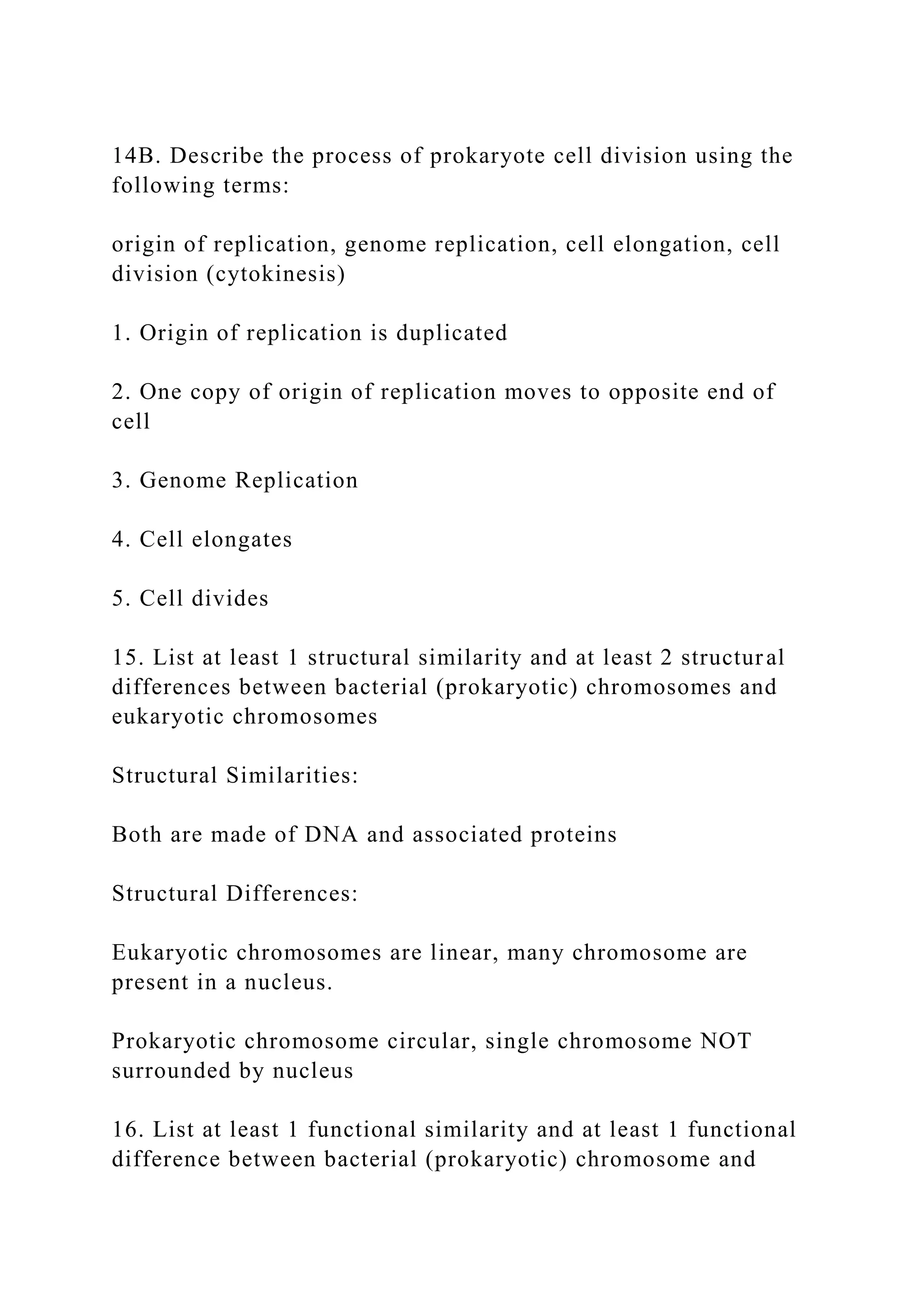14B. Describe the process of prokaryote cell division using the
following terms:
origin of replication, genome replication, cell elongation, cell
division (cytokinesis)
1. Origin of replication is duplicated
2. One copy of origin of replication moves to opposite end of
cell
3. Genome Replication
4. Cell elongates
5. Cell divides
15. List at least 1 structural similarity and at least 2 structural
differences between bacterial (prokaryotic) chromosomes and
eukaryotic chromosomes
Structural Similarities:
Both are made of DNA and associated proteins
Structural Differences:
Eukaryotic chromosomes are linear, many chromosome are
present in a nucleus.
Prokaryotic chromosome circular, single chromosome NOT
surrounded by nucleus
16. List at least 1 functional similarity and at least 1 functional
difference between bacterial (prokaryotic) chromosome and
 