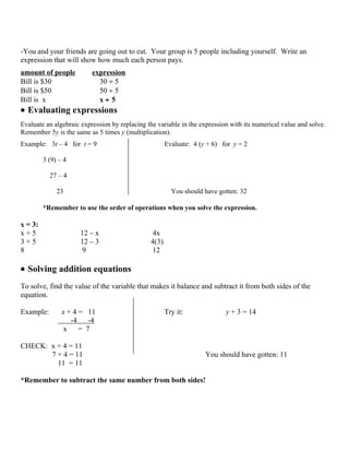 Evaluate an algebraic expression by replacing the variable in the expression with its numerical value and solve.
Remember 5y is the same as 5 times y (multiplication).
Example: 3t – 4 for t = 9                           Evaluate: 4 (y + 6) for y = 2

        3x9–4

           27 – 4

              23                                       You should have gotten: 32

        *Remember to use the order of operations when you solve the expression.

x = 3:
x+5                  12 – x                     4x
3 + 5 __8__          12 – 3 __9__               4(3) __12__


 Solving addition equations
To solve, find the value of the variable that makes it balance and subtract it from both sides of the
equation.

Example:       x + 4 = 11                           Try it:                y + 3 = 14

          x + 4 - 4 = 11 – 4

                    x=7                                         You should have gotten: 11

       *Remember to subtract the same number from both sides!

 Solving subtraction equations
To solve, find the value of the variable that makes it balance and add it to both sides of the equation.

Example:       b – 16 = 4                           Try it:        w – 9 = 35

         b – 16 + 16 = 4 + 16

                     b = 20                              You should have gotten: 44

       *Remember to add the same number to both sides!




 Solving multiplication equations
 