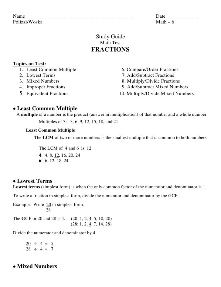 study guide for fractions test 8 28 in simplest form